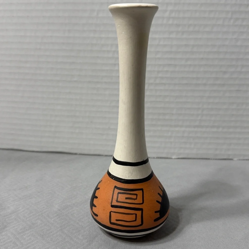 Native American Pottery Hand Painted Bud Vase Sun Motif Geometric Pattern 6”